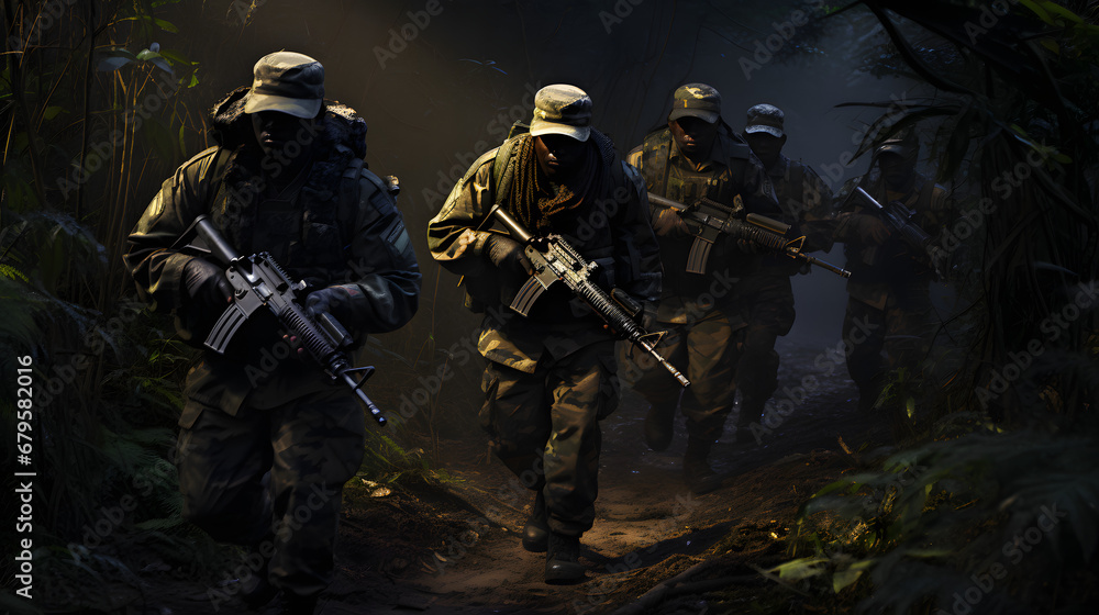 Military squad patrolling in dark jungle Military squad patrolling in dark jungle