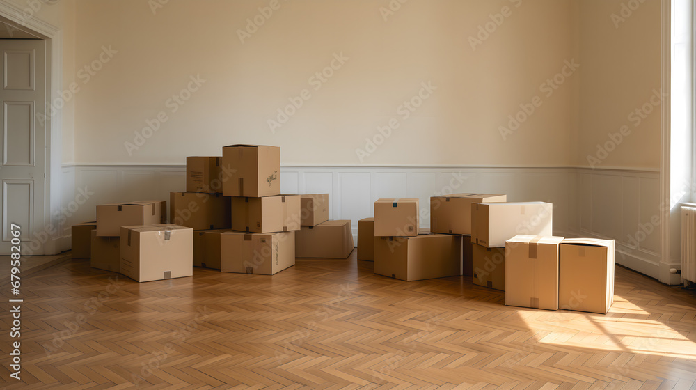 Une pile de cartons de déménagement dans une pièce vide avec un plancher en parquet chevron et un rayon de soleil. - obrazy, fototapety, plakaty 