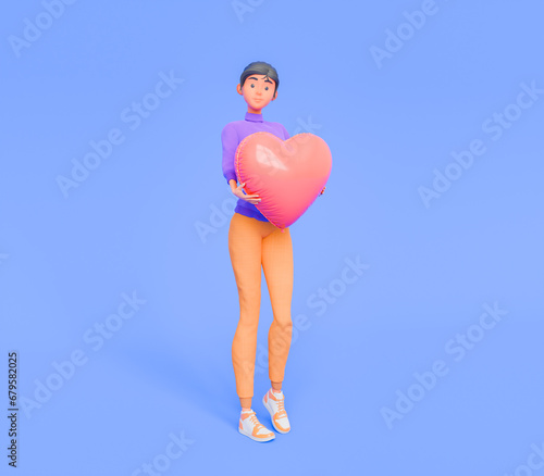3D Render of Cartoon Woman Holding a Heart Balloon on Blue Background