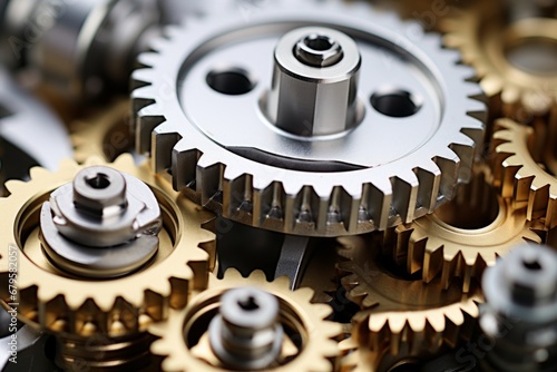 Close up of shiny silver metallic engine gear wheels submerged in oil on industrial background