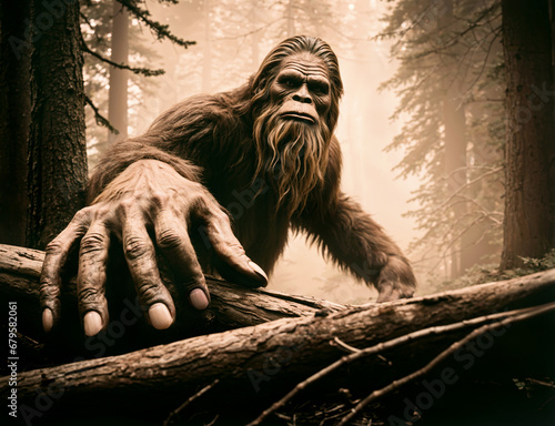 A Bigfoot standing in the middle of a forest with a hand on the log in a picture style 19th century. photo