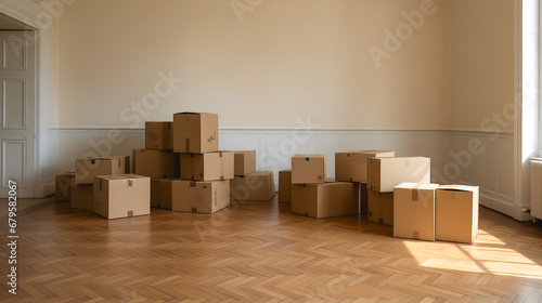 Une pile de cartons de déménagement dans une pièce vide avec un plancher en parquet chevron et un rayon de soleil.