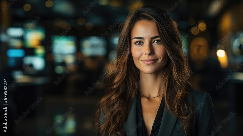 Fototapeta premium beautiful young business woman on the stock exchange, stylish girl, lady, office, banker, work, financier, broker, investor, portrait, face, suit, financial sector, corporation, boss, director, manage