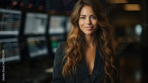 beautiful young business woman on the stock exchange  stylish girl  lady  office  banker  work  financier  broker  investor  portrait  face  suit  financial sector  corporation  boss  director  manage