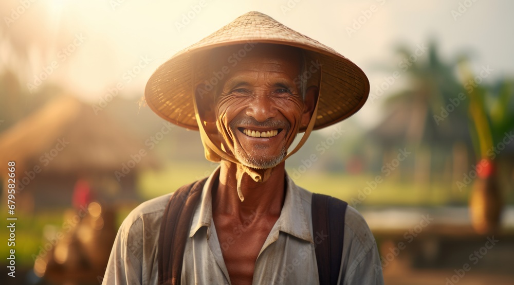 Generative AI image of a man smiling holding rice, in the style of southern countryside