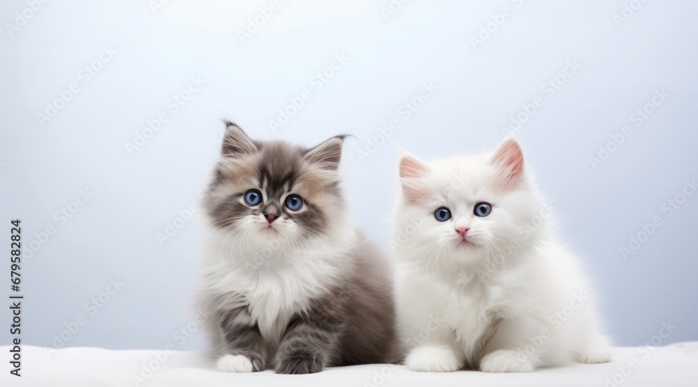 Generative AI image of a two furry kittens are sitting in front of white backdrop, in the style of minimalist imagery, white and brown