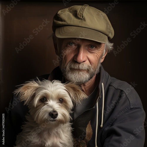 Generative AI image of a think old man wearing a baseball cap with grey hair poking out from it, holding a small messy dog