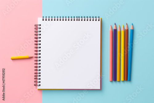 Notebook and pencils on pink and blue background. Office and school concept. Flat lay.