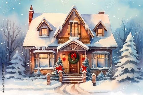 christmas house exterior, christmas decorations, winter desktop background, christmas card