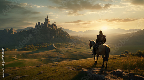 A knight on horseback riding across a field towards a castle