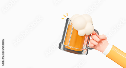 3D Hand holding beer mug. Oktoberfest beer festival. Party celebration in pub. Alcohol drink. Glass of lager foamy beer. Cartoon creative design illustration isolated on white background. 3D Rendering