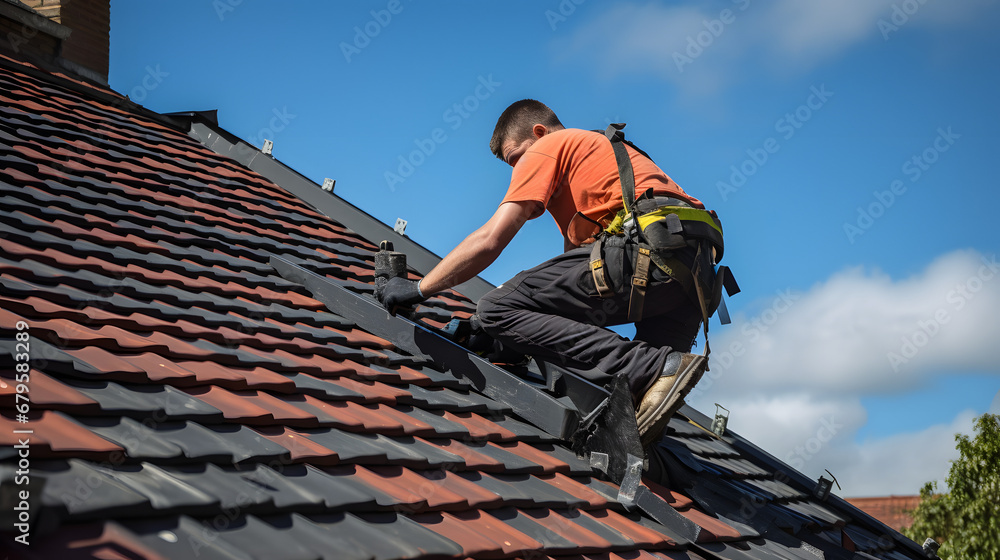 Roofer installing tiles on steep roof Roofer installing tiles on steep roof