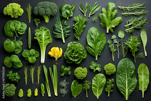 Lebensmittel
 knolling. Gesunde natürliche Bio-Lebensmittel. Frisches grünes Gemüse. 
 knolling Zusammensetzung. Flat Lay Ansicht von Lebensmitteln photo