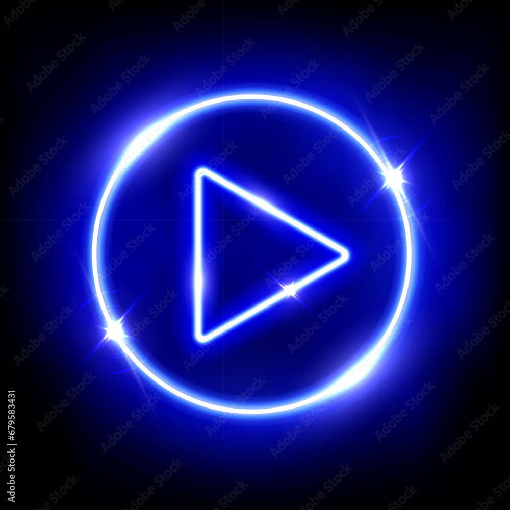 Neon blue play button 3d vector illustration. Abstract shiny circle ring on black background with glowing triangle. Play icon, Press to start. Multimedia, audio, video, cinema, music Neon blue play button 3d vector illustration. Abstract shiny circle ring on black background with glowing triangle. Play icon, Press to start. Multimedia, audio, video, cinema, music