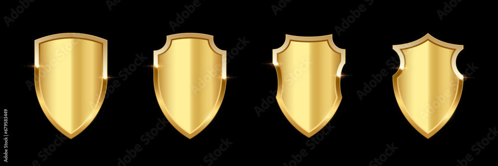 Gold shield set, realistic isolated golden trophy, 3d luxury safety protection emblems on black background - obrazy, fototapety, plakaty 