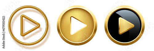 Collection of gold, black and white play buttons vector illustration. Abstract golden shiny circle rings on white background with triangle. Play icons, Press to start. Multimedia, audio, video, music