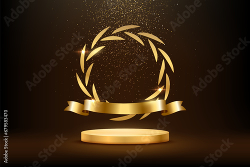Gold award round podium with circle laurel wreath, ribbon, shiny glitter and sparkles isolated on dark background. Vector golden symbol of victory, achievement, success, rewarding of winner