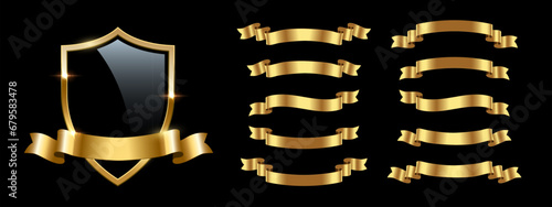 Black glass shield with gold ribbons set of different shapes, 3d glossy insignia or prize
