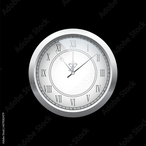 Vintage silver clock face, elegant roman numerals clock isolated on black background. Realistic classical watch with white dial and black roman numbers. Time scale under glass. Vector illustration