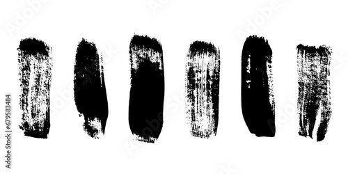 Black strokes of grunge paint brushes vector set illustration isolated on white background. Collection of different ink smears by paint brush. Hand drawn patterns in paintbrush doodle style
