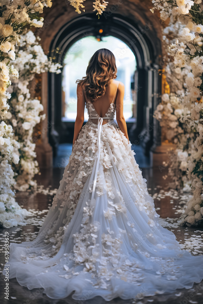 Young beautiful bride in white wedding luxury dress with lace and flowers. Back view