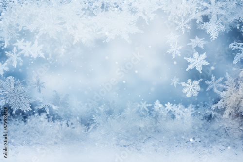 Winter snowy blurred defocused blue background with copy space. Flakes of snow fall. Festive Christmas and New year background © jchizhe
