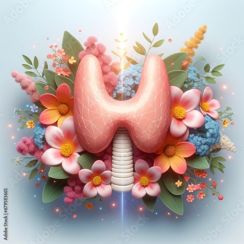 3D render on a soft gradient backdrop of the thyroid organ, detailed and realistic, intertwined with vibrant flowers, emphasizing the concept of thyro