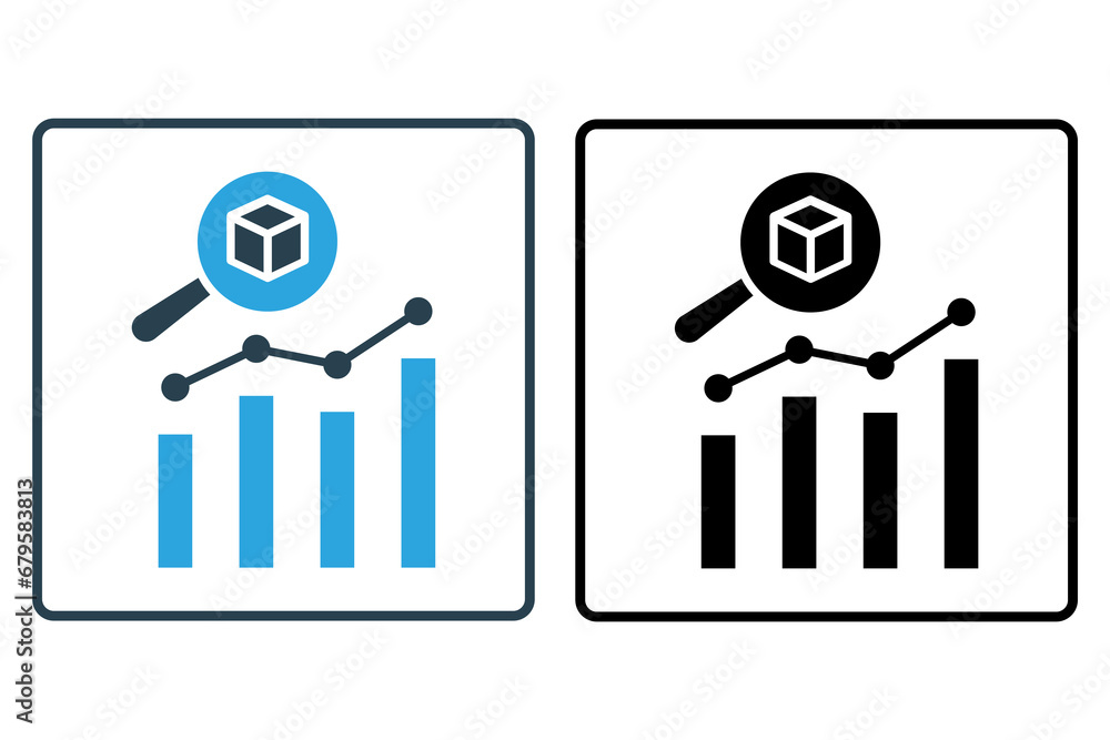 Big data analytics icon. Magnifying glass over data analytics charts. icon related to industry, technology. solid icon style. simple vector design editable Big data analytics icon. Magnifying glass over data analytics charts. icon related to industry, technology. solid icon style. simple vector design editable