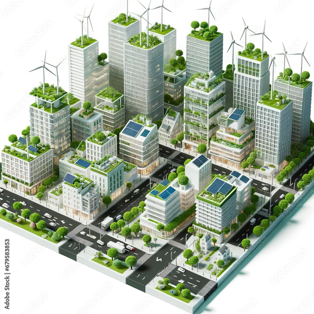 3D style illustration on a white backdrop showcasing a sustainable city ...