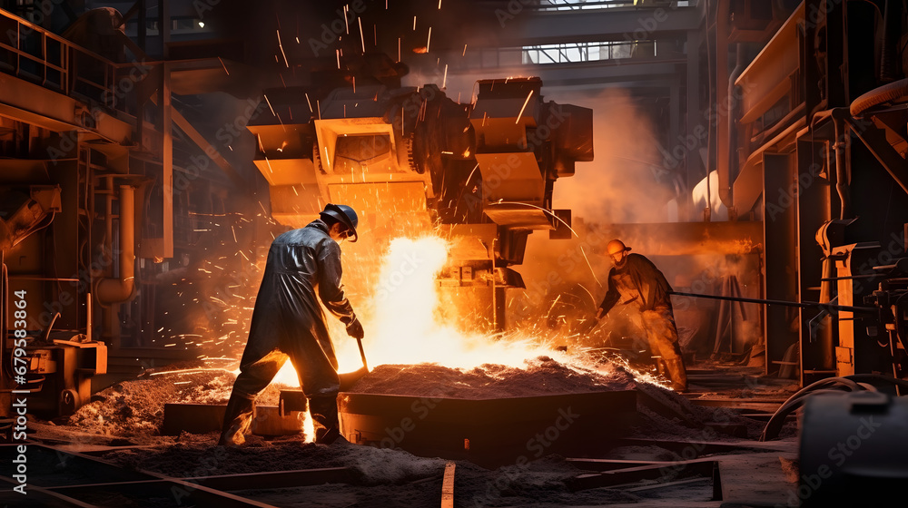 Steelworker melting and molding metal in foundry - obrazy, fototapety, plakaty 