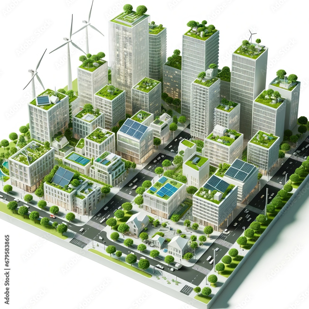 3D style illustration on a white backdrop showcasing a sustainable city with green rooftops, solar panels, wind turbines, and parks, emphasizing eco 3D style illustration on a white backdrop showcasing a sustainable city with green rooftops, solar panels, wind turbines, and parks, emphasizing eco