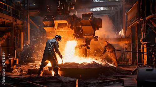 Steelworker melting and molding metal in foundry photo