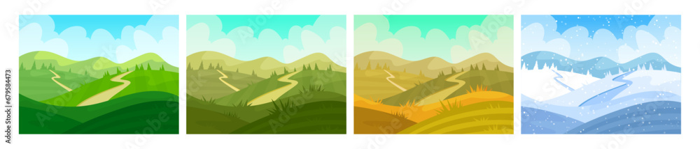 Season fields. Winter farm, grass meadow scene, nature hills in summer, spring or autumn. Meadow landscape. Environment panorama. Cartoon flat style isolated illustration. Vector garish background