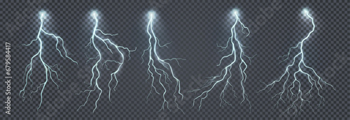 Thunder storm. Electric sky, thunderstorm lights set, flash and stormy white bolt, realistic glowing thunderbolt collection. Rainy weather. Vector isolated on transparent background exact illustration photo