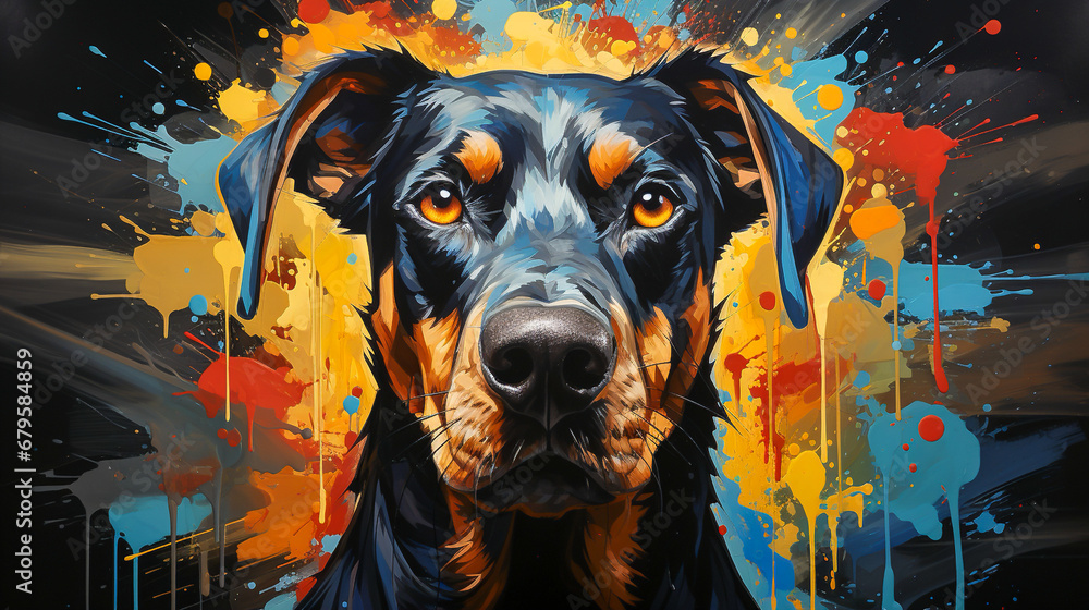 painting of a doberman dog face with colorful paint splatters