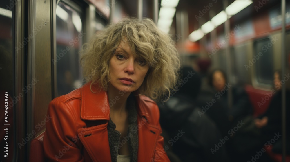 Generative AI image of a glamorous middle aged woman inside an R142 subway