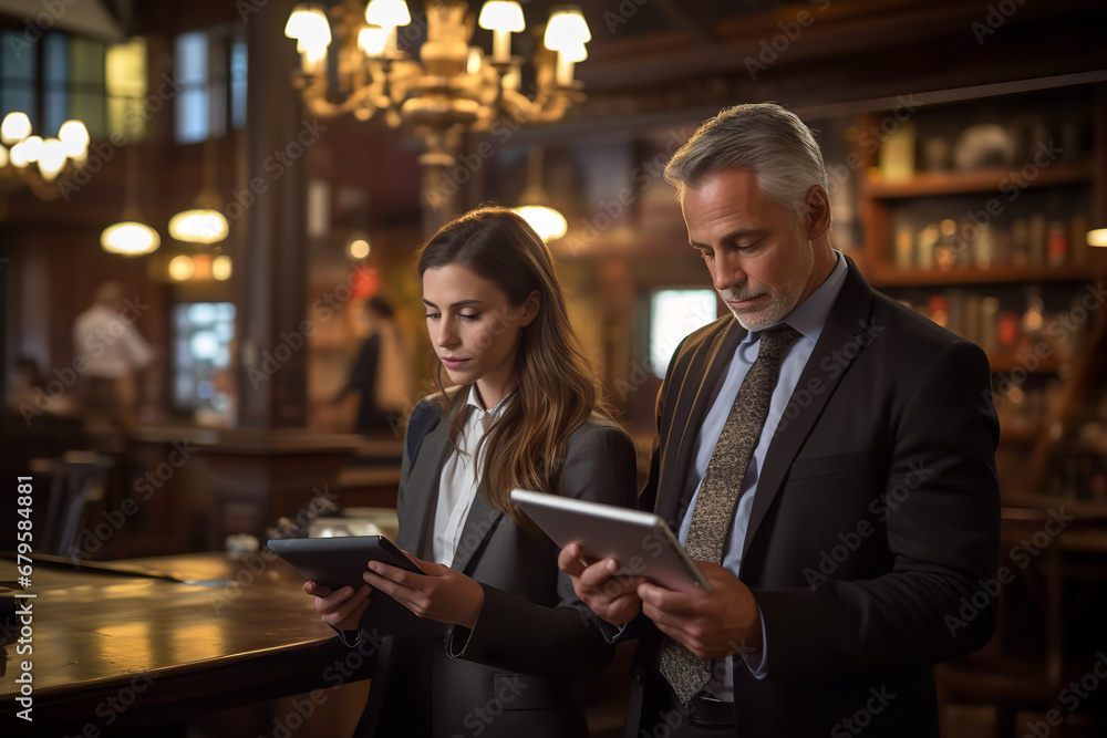 Amidst the relaxed ambiance of a café, an attorney and client delve deep into case materials presented on a contemporary digital device.