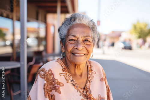 Beautiful hispanic senior woman smiling at camera on the street of an american town. Portrait of indigenous person living in western community. photo