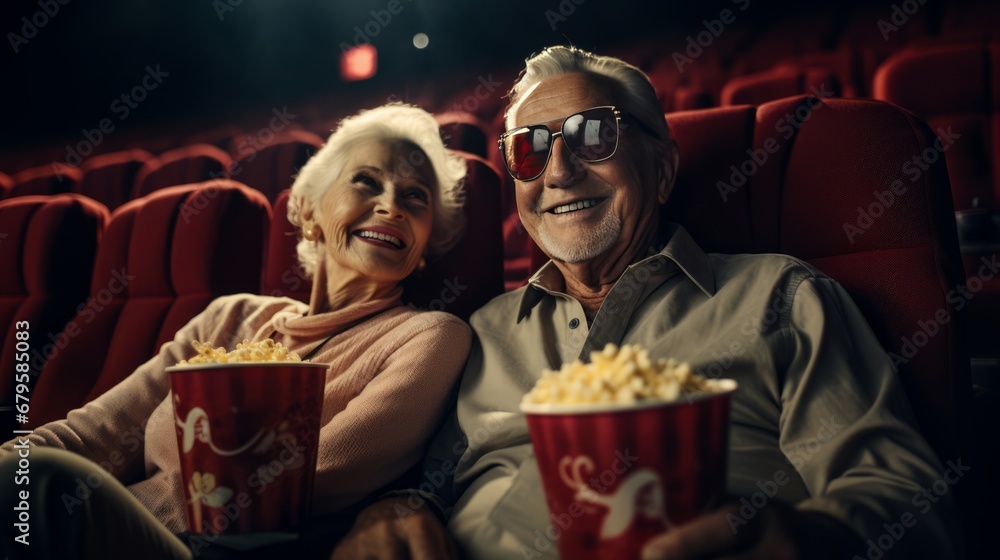 Generative AI image of an elderly couple settling side by side in a movie theater. We emphasize that both of them eat popcorn at the same time