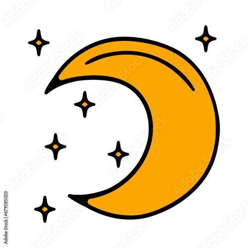 Moon half with star, waning or waxing crescent moon on transparent checkered background. Lunar eclipse in stages from full moon to thin moon,