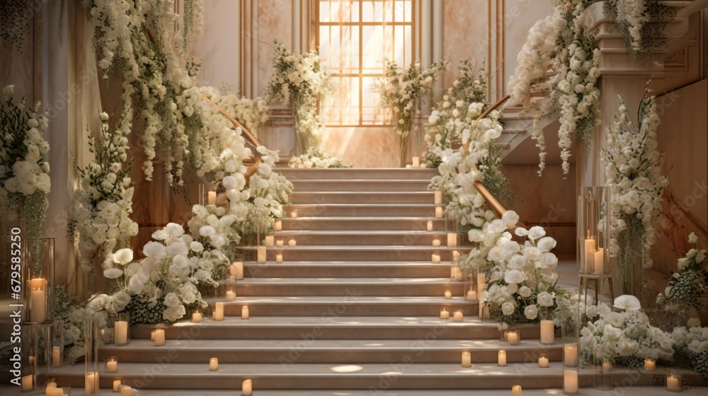 Wedding decor with flowers and candles in the interior of the room