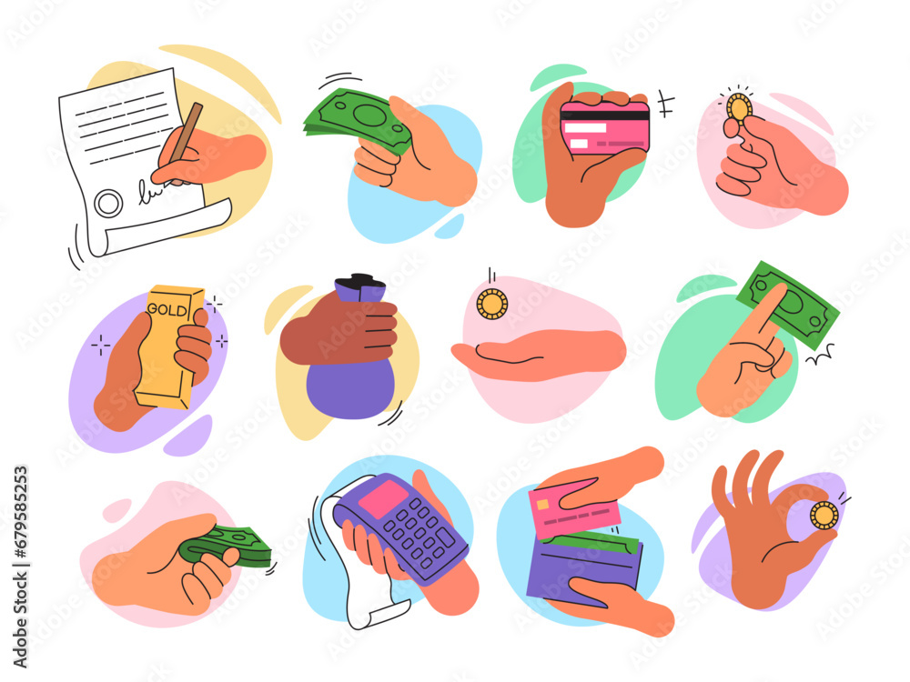 Hands holding money. Bills and credit cards. Gestures of donation. Characters with financial taxes. Budget economy. Contract signature. Coins and banknotes. Cash payment. Paying arms vector flat set