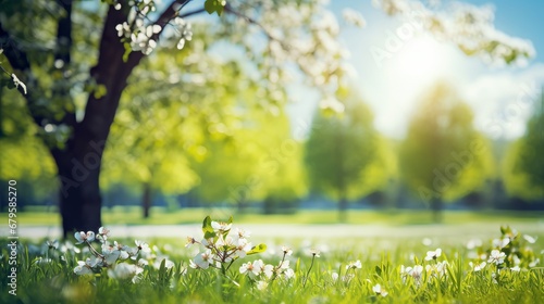 Generative AI image of a Beautiful blurred spring background nature with blooming glade, trees and blue sky on a sunny day photo