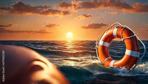 A lifebuoy adrift at sea, a life preserve floating in the ocean at sunset photo