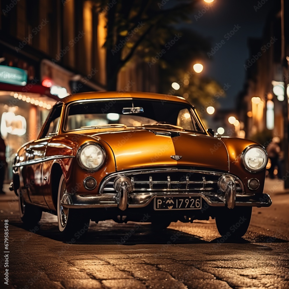 Generative AI image of a classic orange car on a city street