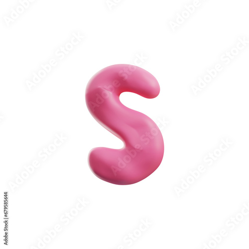 Cute pink letter S plasticine art, realistic 3D vector icon on white