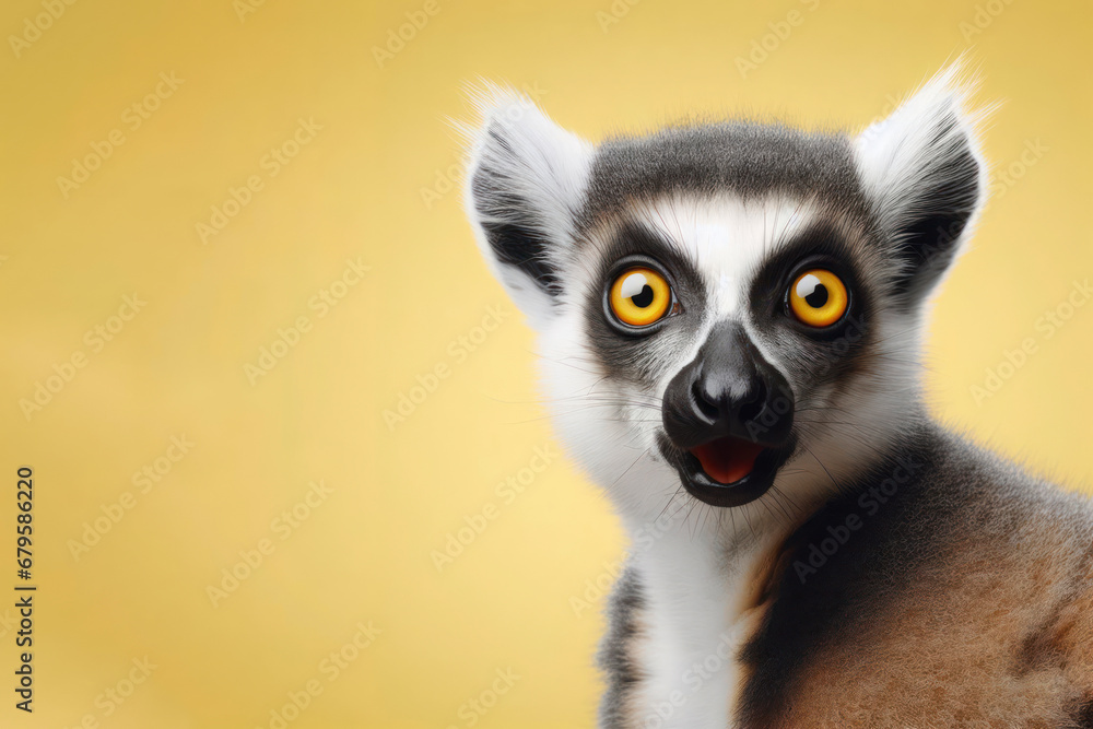 Fototapeta premium Lemur catta portrait with surprised expression on isolated yellow background. ai generative