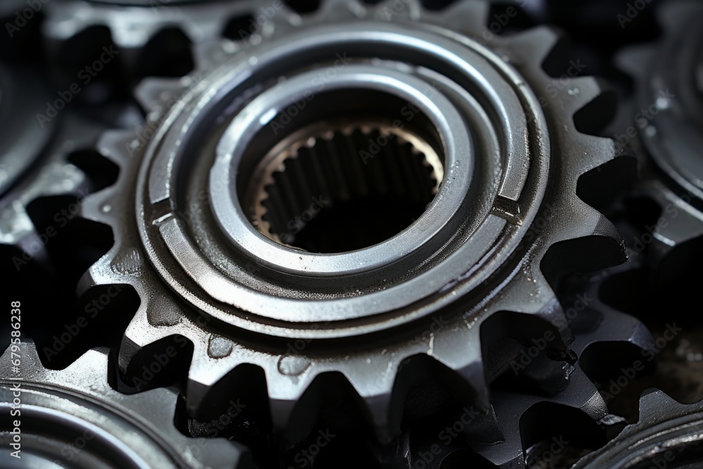 Close up of silver metallic engine gear wheels covered in oil on an industrial background Close up of silver metallic engine gear wheels covered in oil on an industrial background