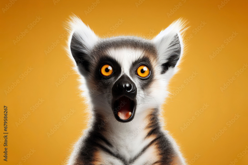 Lemur catta portrait with surprised expression on isolated yellow background. ai generative Lemur catta portrait with surprised expression on isolated yellow background. ai generative