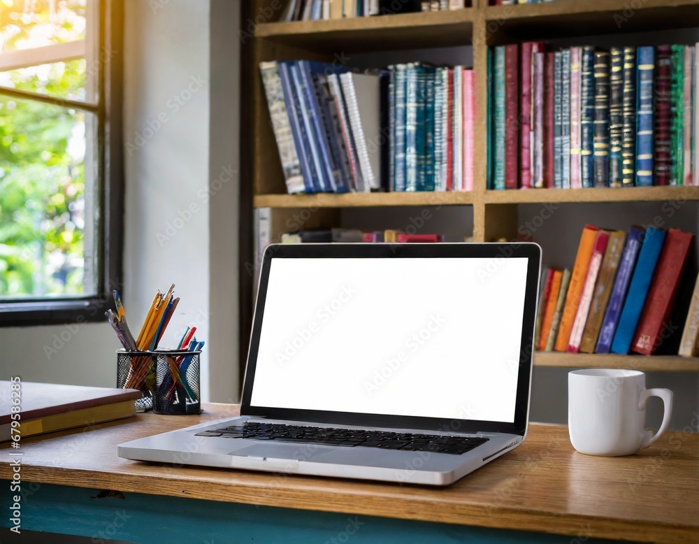 laptop white screen on a bookshelf in an office; concept of work at home